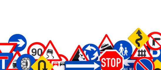 Road Sign Symphony: A vibrant collection of road signs stands in harmonious alignment, each one a silent guidepost, a guardian of the roads, and a messenger of safety, illuminating the pathways.