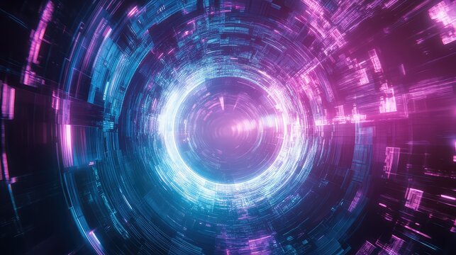 Digital information stream flowing through abstract futuristic tunnel