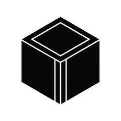 A simple black and white isometric cube icon representing a box, block, or container. This geometric glyph is a minimalist symbol for data, packaging, or foundational concepts