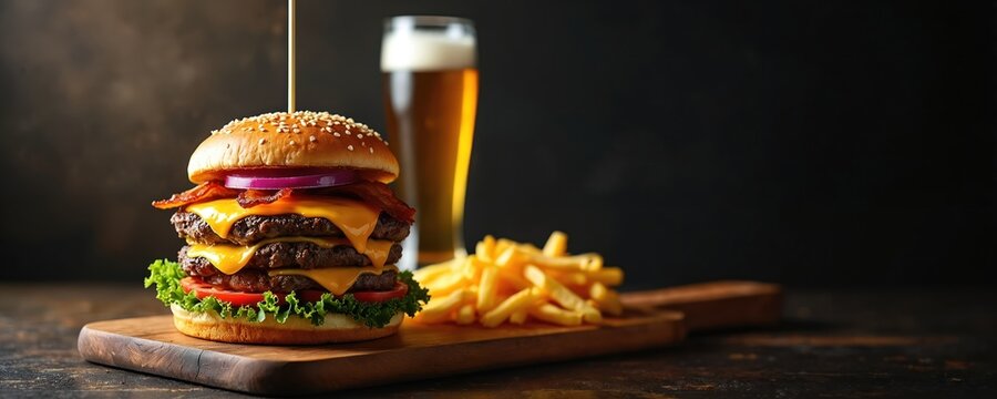 Tall cheeseburger stacked with beef bacon and cheese, served with french fries and lager beer. Fresh lettuce tomato onion on sesame bun. Meal is on wooden board.