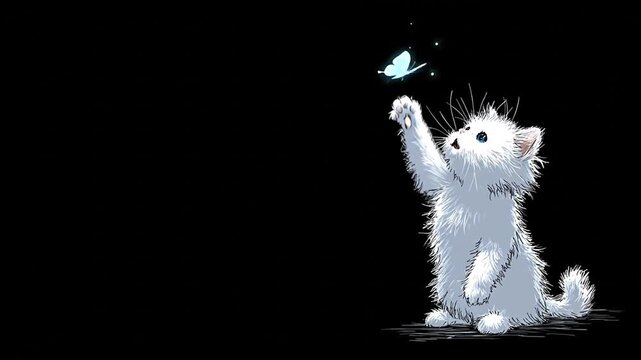 Cartoon kitten reaching for a butterfly on a black background