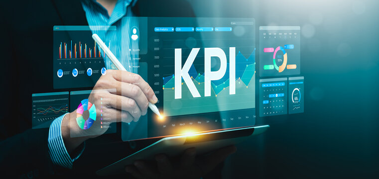 Business professional analyzing performance dashboard on digital tablet, visualizing KPI metrics, business insights, and data-driven strategy for corporate success and informed decision making.