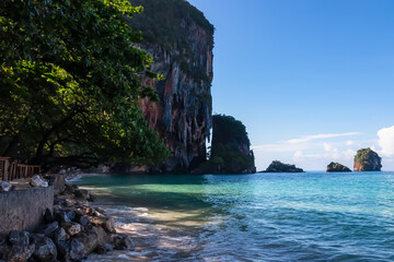 A lush green tree provides shade on a rocky shoreline, framing breathtaking view of turquoise Andaman Sea and iconic, sheer limestone cliffs of Railay Bay against perfect clear blue sky in sunny Krabi