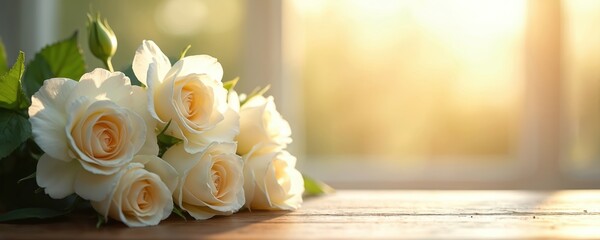 Fresh white rose bouquet rests on wood surface. Gentle morning sun illuminates flower petals, green leaves. Warm light creates peaceful, romantic atmosphere for love, celebration gift. Copy space for