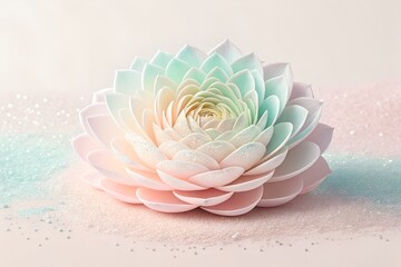 Close up of a pastel colored flower with many petals on a sparkly light pink background art