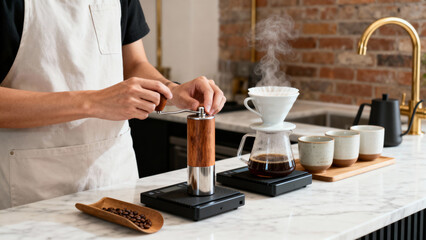 Barista pouring hot water over coffee grounds in a pour-over, warm harmonious colors, soft steam, elegant artisanal mood.