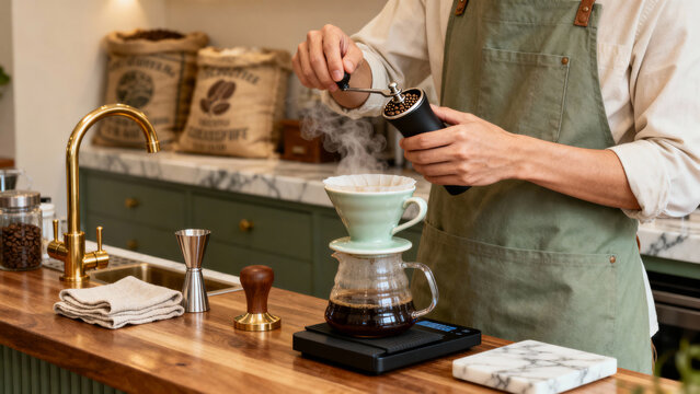 A warm vintage pour-over coffee scene with a classic grinder, harmonious colors, and an elegant artisanal atmosphere.