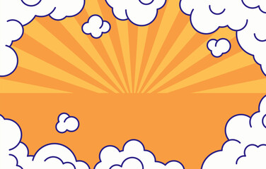 Sunrise background featuring warm orange sun rays emerging from behind fluffy white clouds creates a cheerful and uplifting atmosphere or use in wallpapers, banners, nature scenes vector illustration