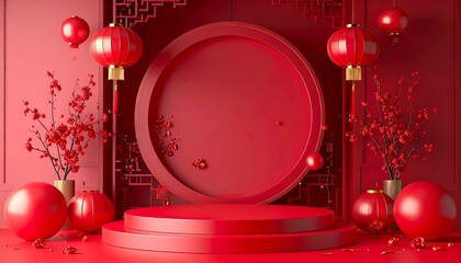 Chinese New Year festive mockup with red and gold palette, lanterns, fireworks, plum blossoms, Chinese knots, elegant paper-cut style, high-detail background for banners, posters, and social media