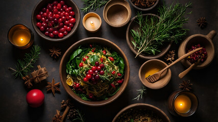 Plant-based Christmas cooking flatlay with natural ingredients and warm tones.