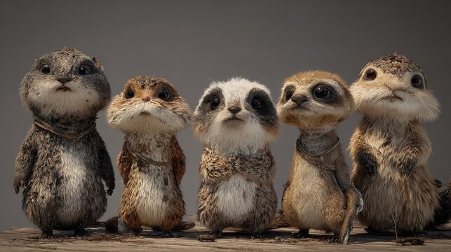 Adorable Meerkat Posse: Five Furry Friends Standing Together on a Wooden Surface
