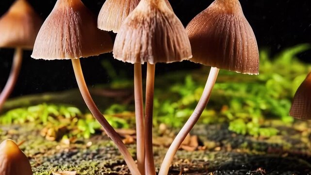 Scientific visualization. Wild forest mushrooms: Group of small brown Mycena or Galerina fungi growing on mossy decaying wood. Macro view of conical caps and slender stems against dark background.