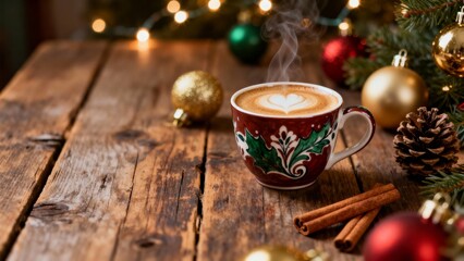 Espresso with Christmas ornaments, warm lighting, pinecones, cozy vintage holiday ambiance, specialty coffee.