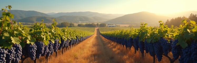 Fototapeta premium Vineyard rows extend to rolling hills bathed in soft golden sunlight. Ripe dark grapes hang heavy from green vines, promising a bountiful harvest in this idyllic rural landscape.