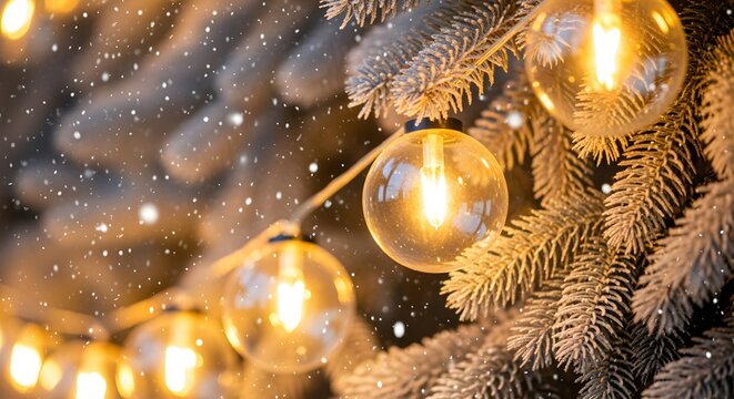 A string of oversized, retro-style globe lights draped diagonally across a soft-focus background of frosted pine branches and gentle, falling snow. Warm, cozy glow with a subtle bokeh effect.