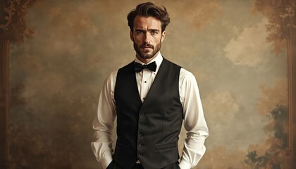 Elegant man poses in formal attire, possibly waistcoat, bow tie. He has beard, styled hair against vintage, painted backdrop. This sophisticated portrait exudes classic style, refined masculinity.