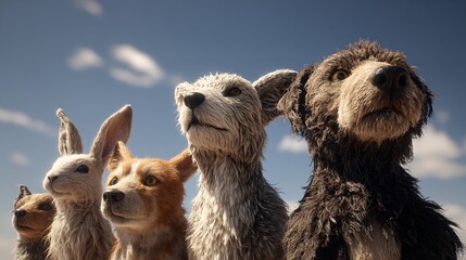 Animated Companions Gaze Skyward with Hope and Determination against a Sunny Backdrop