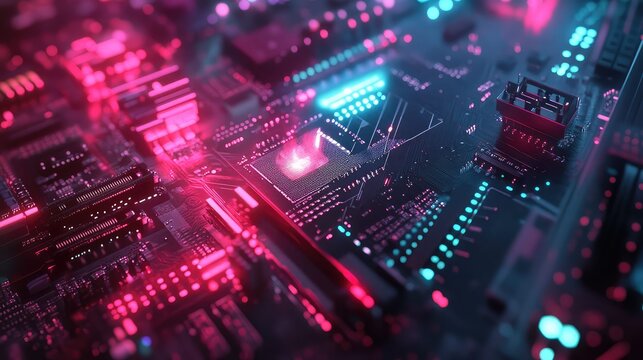 Digital circuit board with glowing neon lights creating a futuristic landscape