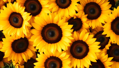 featuring bright yellow sunflowers filling frame. Floral repeat background with many blooming heads creates cheerful, summery vibe