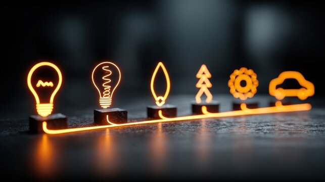 Creative idea generation roadmap for new product development showing stages of innovation with a light bulb representing creative thinking - Powered by Adobe