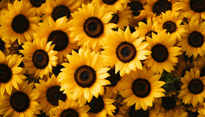 featuring bright yellow sunflowers filling frame. Floral repeat background with many blooming heads creates cheerful, summery vibe