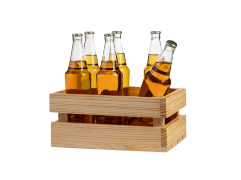 Crate of Beer Bottles: A refreshing assortment of beer bottles rests neatly within a wooden crate, ready for a convivial gathering or a moment of relaxation.