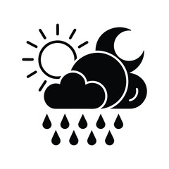 Dynamic weather forecast symbol illustrating atmospheric changes from sunny day to moonlit night, featuring clouds and raindrops for diverse climatic conditions