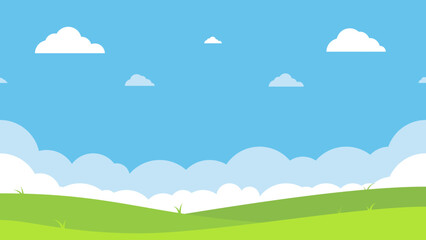 Bright Flat Simple Outdoor Scenery Nature Landscape Background Illustration Design with Green Hills and Blue Sky