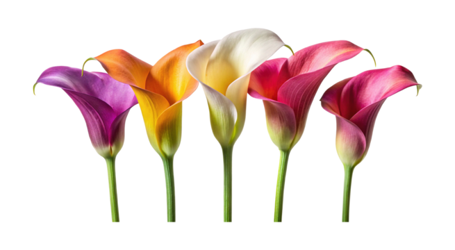 Colorful Calla Lily Flowers in a Row, Displaying Vibrant Shades and Elegance