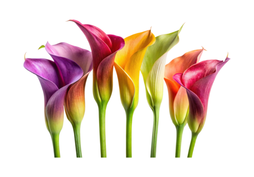 Elegant Colorful Calla Lilies Standing Tall Against a Clean White Background