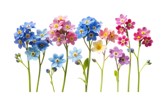 Beautiful array of colorful alpine forgetmenot flowers against a white background