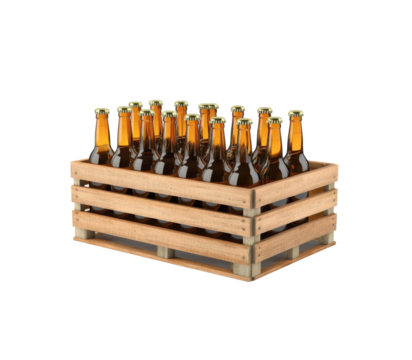 Crate of Beer: A full crate of beer bottles stands ready, filled with refreshments, ideal for social gatherings or a moment of relaxation.