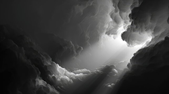 Dramatic black and white clouds with light rays breaking through