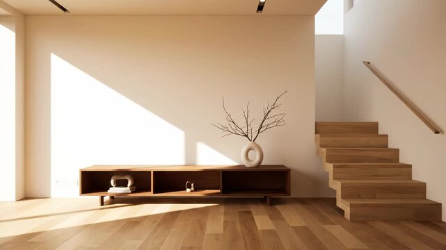 Minimalist interior with wooden staircase, console table, and large window with natural light