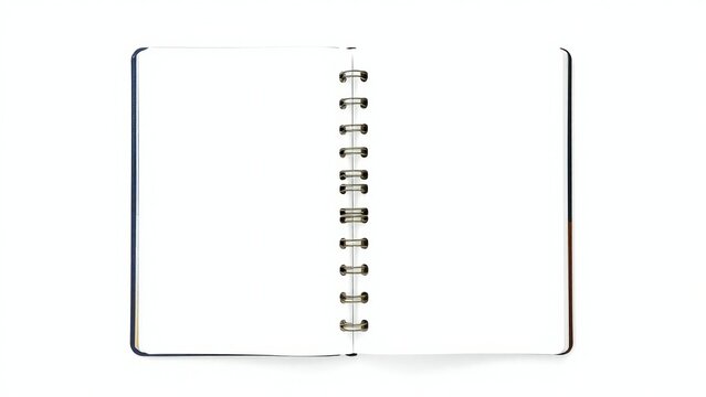 Open blank spiral bound notebook with white pages and black wire binding - Powered by Adobe