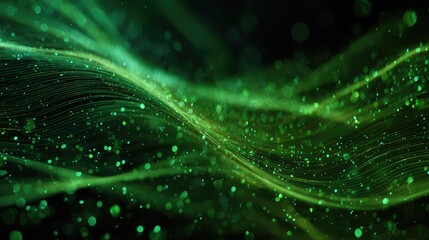 Flowing digital data streams forming green abstract background