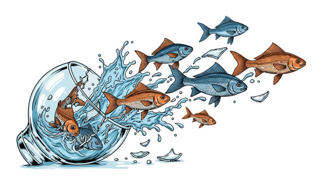 Fish swimming out of a broken lightbulb full of water