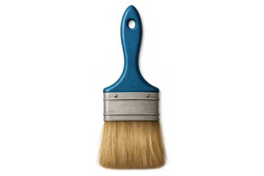 Paintbrush with blue handle and natural bristles for decoration, art, renovation, and home improvement tasks