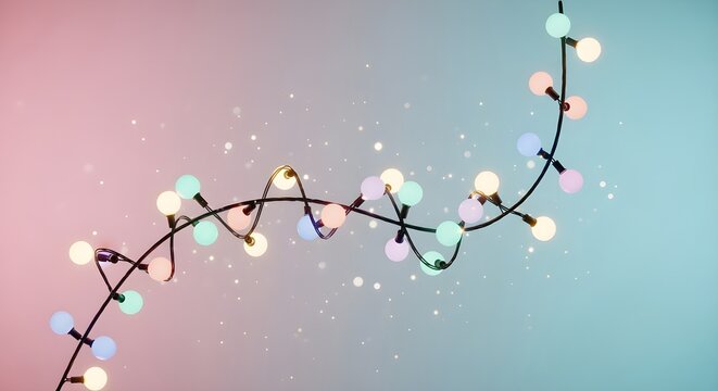 A creative rephrasing of curved spiral string of glowing LED holiday bulbs over a pastel winter wonderland background, soft pink-blue gradients, subtle sparkling particles, modern Christmas