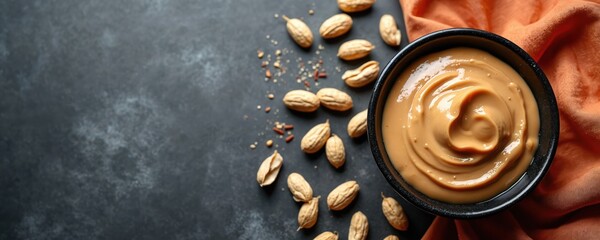 Bowl with smooth peanut butter and whole peanuts scattered on dark surface. Creamy spreadable paste with textured nuts, simple food prep setting. High protein spread for healthy diet.