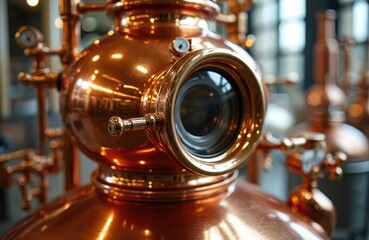 Close up photo of copper still. Shiny metal equipment for alcohol production. The vessel is likely used for gin or whiskey distillation process. Modern distillery interior.