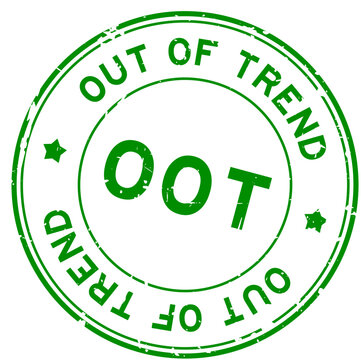 Grunge green OOT out of trend word round rubber seal stamp on white background