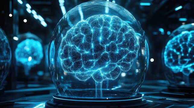Artificial intelligence brain growing inside glass sphere