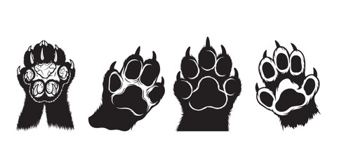 Animal paw print icons with dog cat bear tracks in black silhouette vector art,  Pet paw editable stroke. footprints Pet paw, Heart with pet paw print dog cat icon, vector illustration