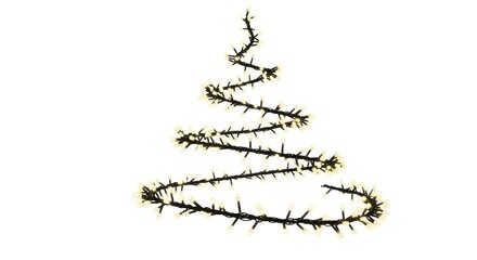 A creative rephrasing of dynamic spiral stream of glowing festive fairy lights, soft neon radiance, realistic LED bulb reflections, artistic swirl forming abstract Christmas pattern, clean white