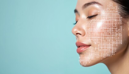 Woman face gets digital analysis for skincare treatment. Glowing skin and beauty tech application. Healthy look and facial mapping for wellness. Future cosmetic procedure.