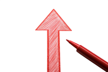 Red Hand-Drawn Arrow Pointing Up with Marker Pen on White Background