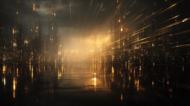 Digital cityscape with golden lines and data stream reflections