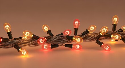 Isolated twisted fairy light rope with warm neon gradient bulbs, high-clarity transparent cutout, no drop shadows, realistic glow maintained, Christmas decoration element.