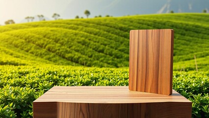 Wooden podium on lush green tea plantation with sunlight